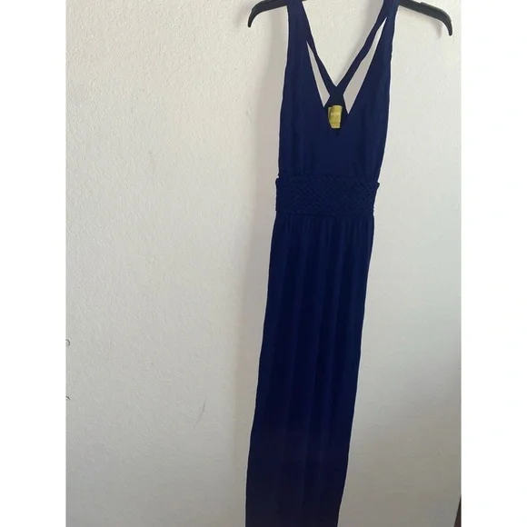 Anthropologie Maeve Jewel Blue Twisted Straps Stretchy Pockets Maxi Chic Dress 6 - Picture 2 of 11